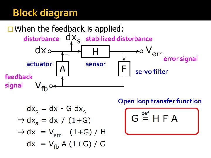 Block diagram � When the feedback is applied: disturbance stabilized disturbance actuator feedback signal Block diagram � When the feedback is applied: disturbance stabilized disturbance actuator feedback signal