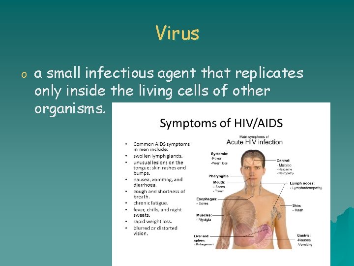 Virus o a small infectious agent that replicates only inside the living cells of