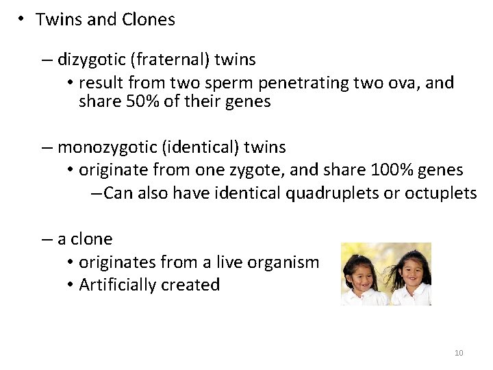  • Twins and Clones – dizygotic (fraternal) twins • result from two sperm