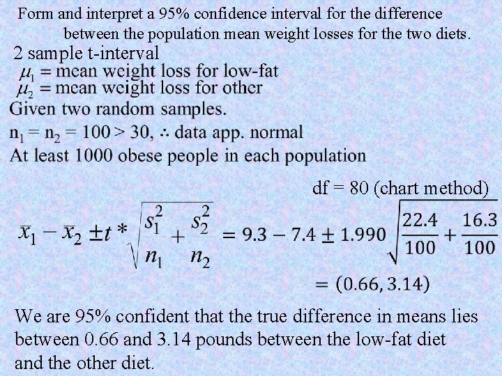 Form and interpret a 95% confidence interval for the difference between the population mean