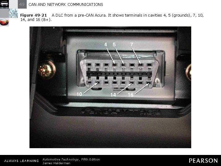 49 CAN AND NETWORK COMMUNICATIONS Figure 49 -21 A DLC from a pre-CAN Acura. 49 CAN AND NETWORK COMMUNICATIONS Figure 49 -21 A DLC from a pre-CAN Acura.