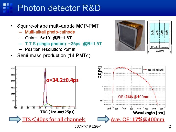 Photon detector R&D • Square-shape multi-anode MCP-PMT – – Multi-alkali photo-cathode Gain=1. 5 x