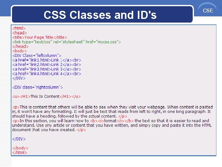 CSS Classes and ID's CSE 