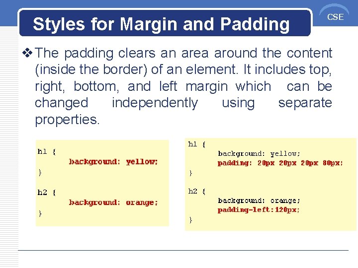 Styles for Margin and Padding CSE v The padding clears an area around the