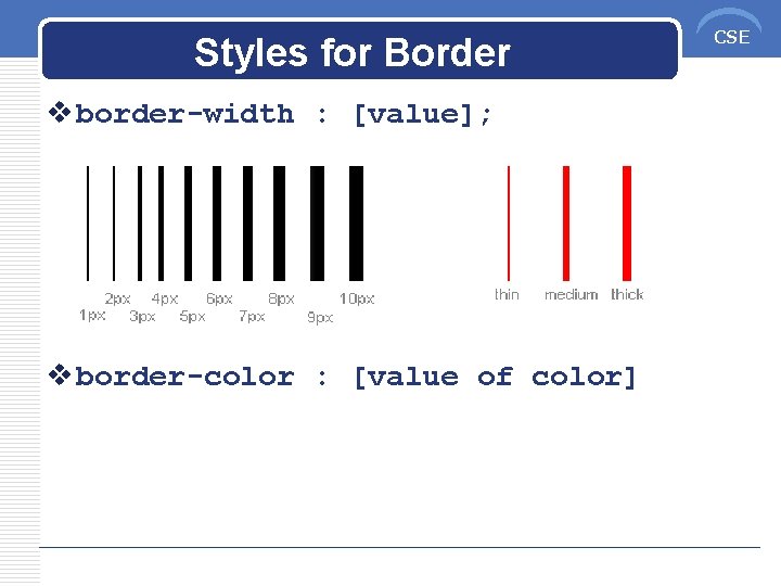 Styles for Border v border-width : [value]; v border-color : [value of color] CSE