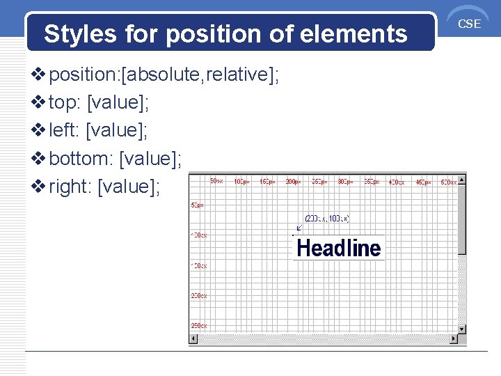 Styles for position of elements v position: [absolute, relative]; v top: [value]; v left: