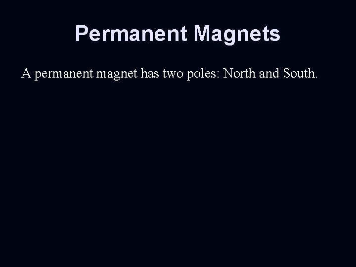 Permanent Magnets A permanent magnet has two poles: North and South. 