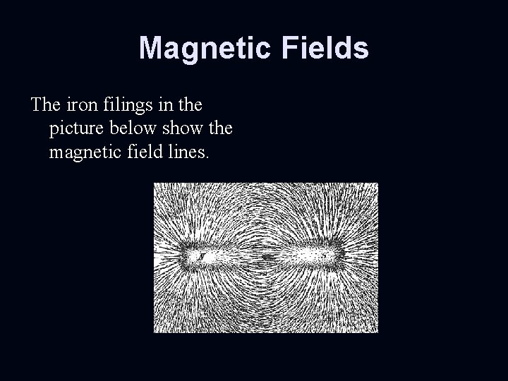 Magnetic Fields The iron filings in the picture below show the magnetic field lines.