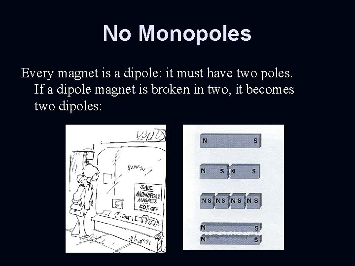 No Monopoles Every magnet is a dipole: it must have two poles. If a