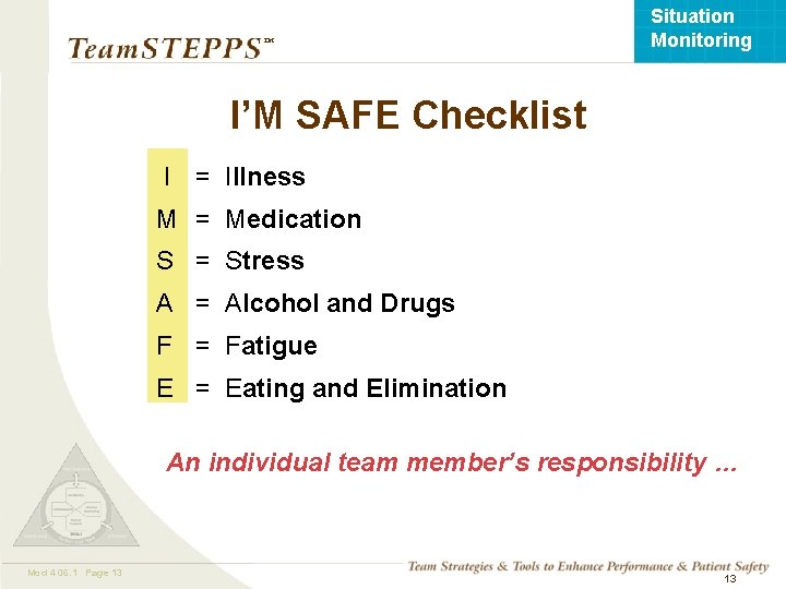 Situation Monitoring ™ I’M SAFE Checklist I = Illness M = Medication S =