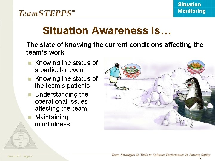 Situation Monitoring ™ Situation Awareness is… The state of knowing the current conditions affecting