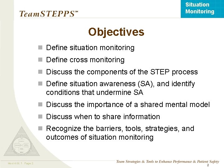 Situation Monitoring ™ Objectives n Define situation monitoring n Define cross monitoring n Discuss