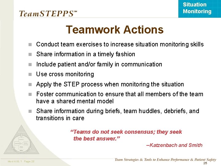 Situation Monitoring ™ Teamwork Actions n Conduct team exercises to increase situation monitoring skills