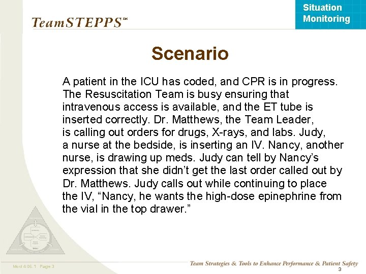 Situation Monitoring ™ Scenario A patient in the ICU has coded, and CPR is