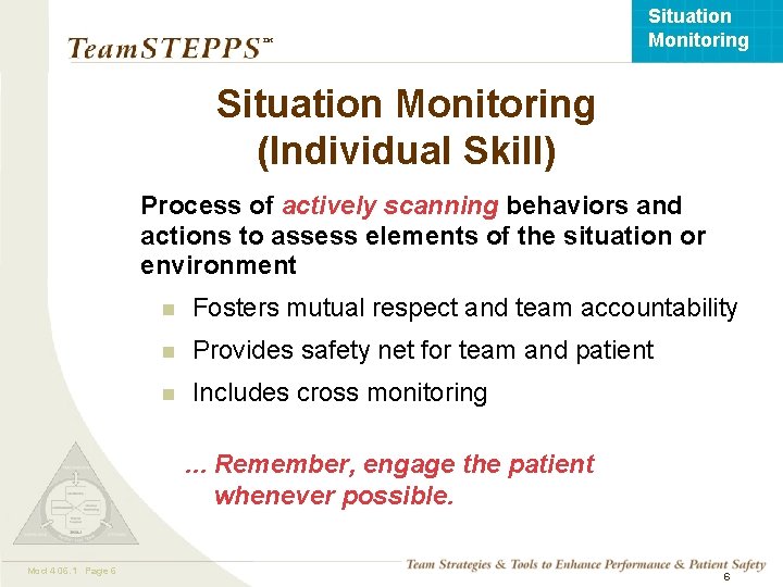 Situation Monitoring ™ Situation Monitoring (Individual Skill) Process of actively scanning behaviors and actions