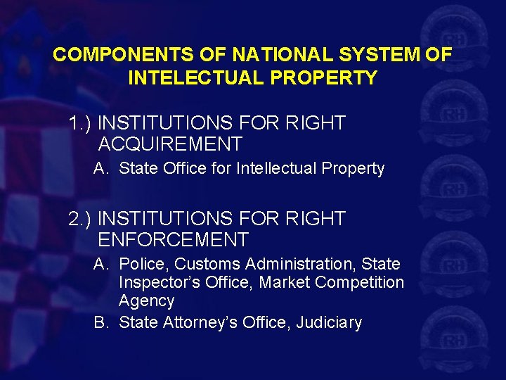 COMPONENTS OF NATIONAL SYSTEM OF INTELECTUAL PROPERTY 1. ) INSTITUTIONS FOR RIGHT ACQUIREMENT A.