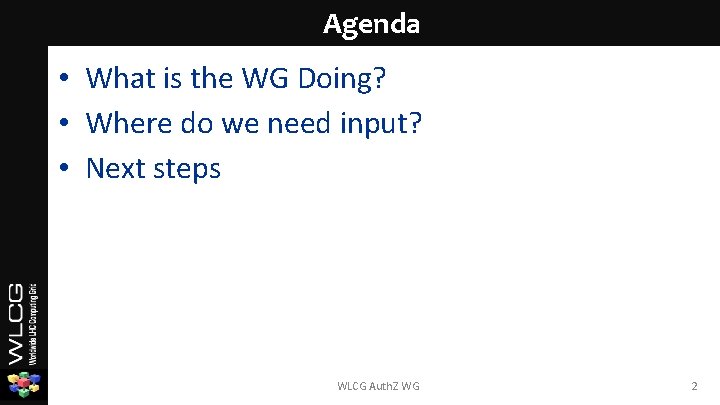 Agenda • What is the WG Doing? • Where do we need input? • Agenda • What is the WG Doing? • Where do we need input? •