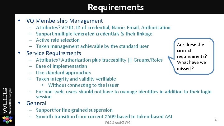Requirements • VO Membership Management – – Attributes? VO ID, ID of credential, Name, Requirements • VO Membership Management – – Attributes? VO ID, ID of credential, Name,