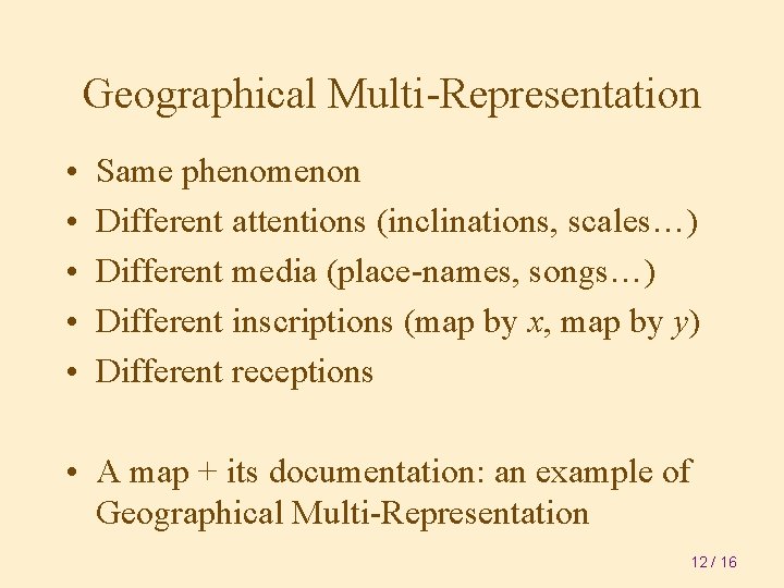 Geographical Multi-Representation • • • Same phenomenon Different attentions (inclinations, scales…) Different media (place-names,