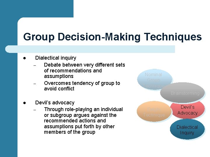 Group Decision-Making Techniques l l Dialectical inquiry – Debate between very different sets of