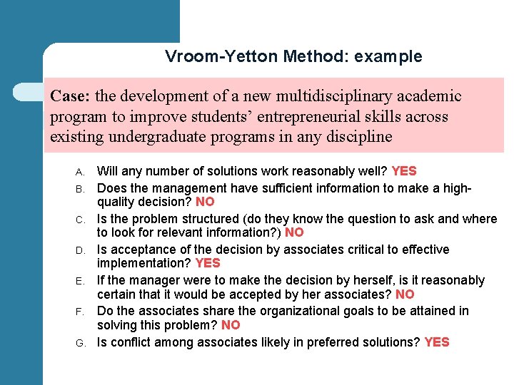 Vroom-Yetton Method: example Case: the development of a new multidisciplinary academic program to improve