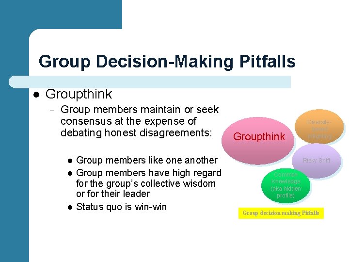 Group Decision-Making Pitfalls l Groupthink – Group members maintain or seek consensus at the