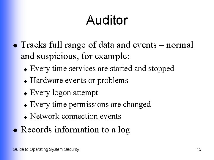 Auditor l Tracks full range of data and events – normal and suspicious, for
