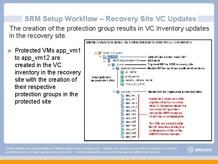 SRM Setup Workflow – Recovery Site VC Updates The creation of the protection group SRM Setup Workflow – Recovery Site VC Updates The creation of the protection group