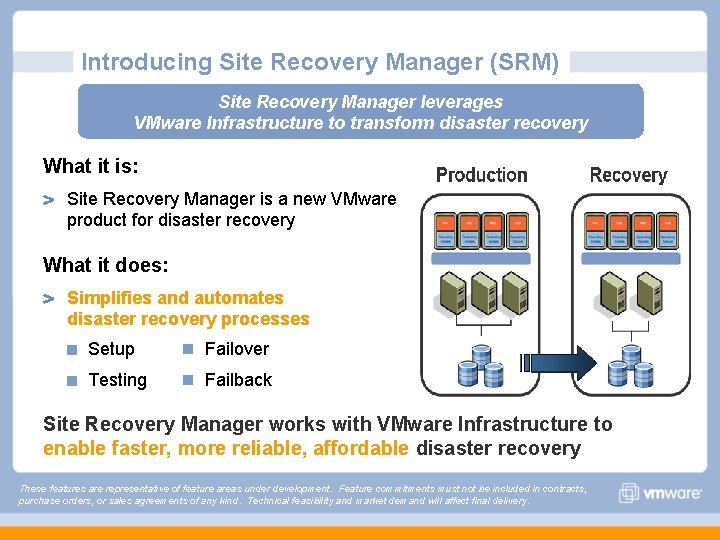 Introducing Site Recovery Manager (SRM) Site Recovery Manager leverages VMware Infrastructure to transform disaster Introducing Site Recovery Manager (SRM) Site Recovery Manager leverages VMware Infrastructure to transform disaster