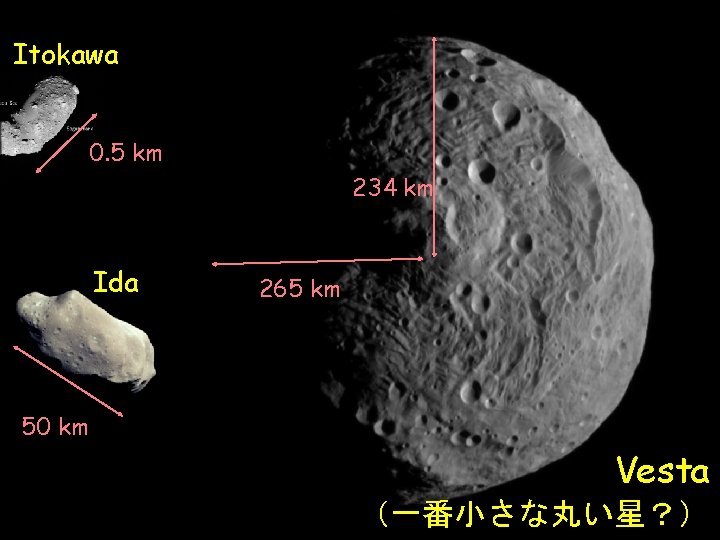 Itokawa 0. 5 km 234 km Ida 265 km 50 km Vesta （一番小さな丸い星？） 