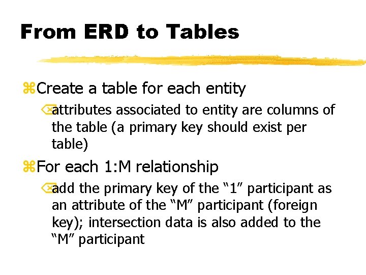 From ERD to Tables z. Create a table for each entity Õattributes associated to