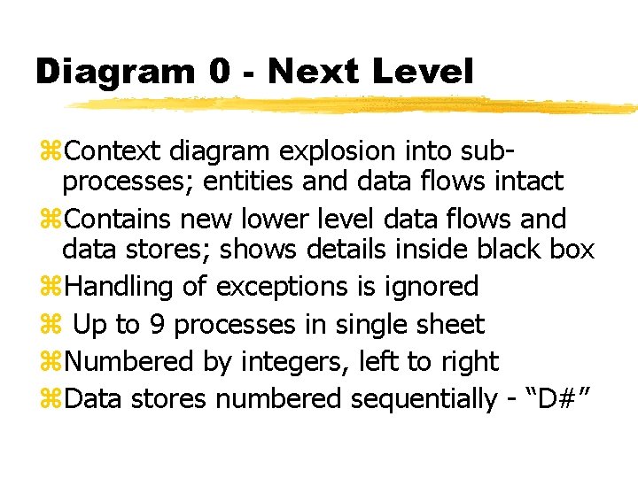 Diagram 0 - Next Level z. Context diagram explosion into subprocesses; entities and data