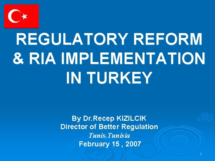 REGULATORY REFORM & RIA IMPLEMENTATION IN TURKEY By Dr. Recep KIZILCIK Director of Better