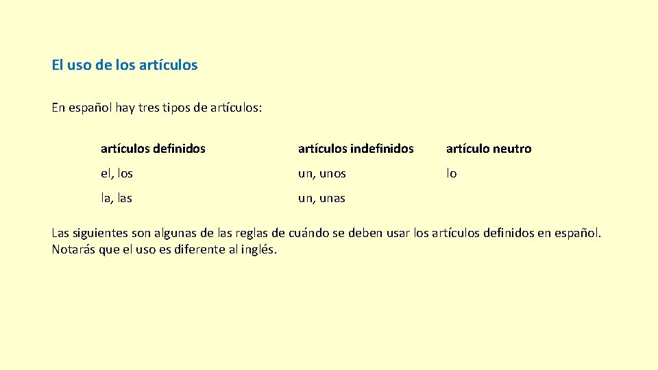 El uso de los artículos En español hay tres tipos de artículos: artículos definidos