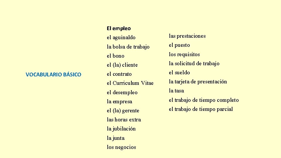 El empleo VOCABULARIO BÁSICO el aguinaldo las prestaciones la bolsa de trabajo el puesto