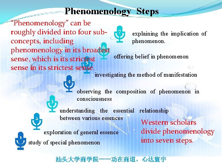 Phenomenology Steps “Phenomenology” can be 7 roughly divided into four subexplaining the implication of