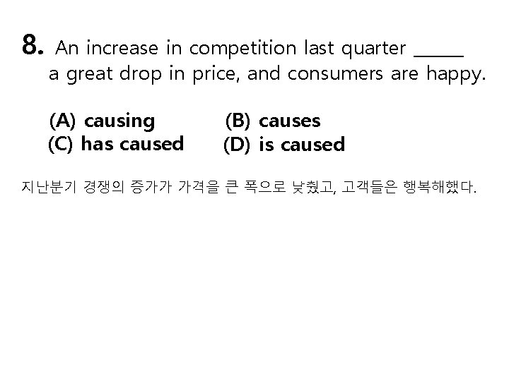 8. An increase in competition last quarter ______ a great drop in price, and