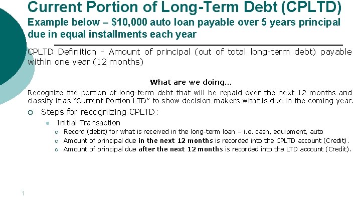 Current Portion of Long-Term Debt (CPLTD) Example below – $10, 000 auto loan payable