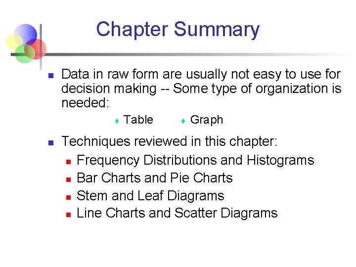 Chapter Summary n Data in raw form are usually not easy to use for