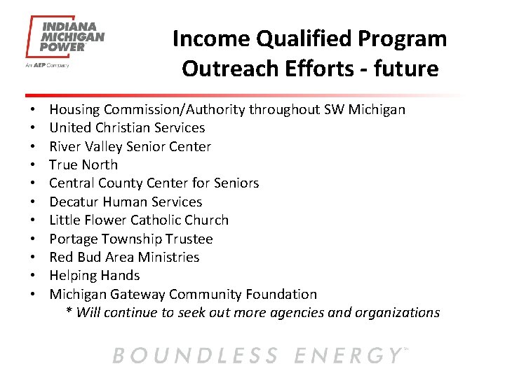 Income Qualified Program Outreach Efforts - future • • • Housing Commission/Authority throughout SW