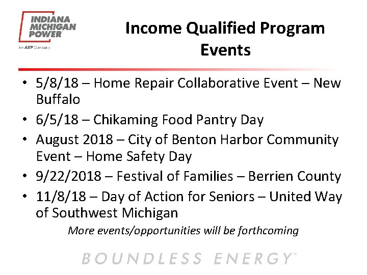 Income Qualified Program Events • 5/8/18 – Home Repair Collaborative Event – New Buffalo