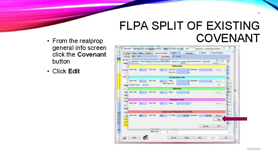 32 • From the realprop general info screen click the Covenant button FLPA SPLIT