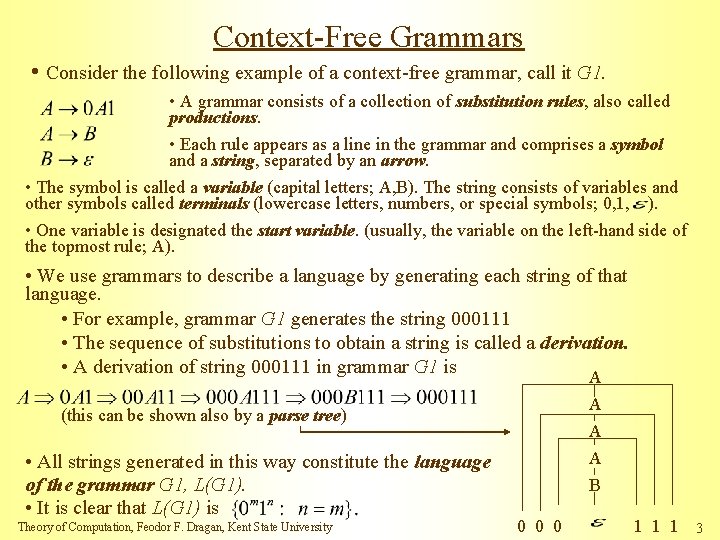 Context-Free Grammars • Consider the following example of a context-free grammar, call it G