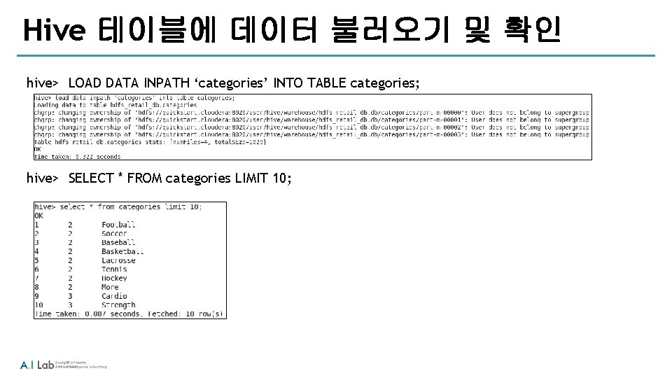 Hive 테이블에 데이터 불러오기 및 확인 hive> LOAD DATA INPATH ‘categories’ INTO TABLE categories; Hive 테이블에 데이터 불러오기 및 확인 hive> LOAD DATA INPATH ‘categories’ INTO TABLE categories;