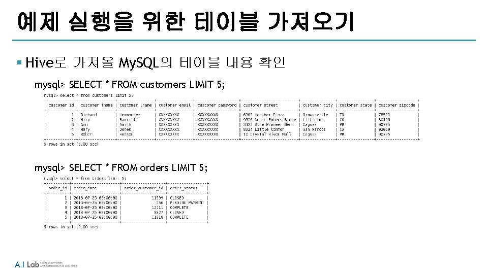 예제 실행을 위한 테이블 가져오기 § Hive로 가져올 My. SQL의 테이블 내용 확인 mysql> 예제 실행을 위한 테이블 가져오기 § Hive로 가져올 My. SQL의 테이블 내용 확인 mysql>