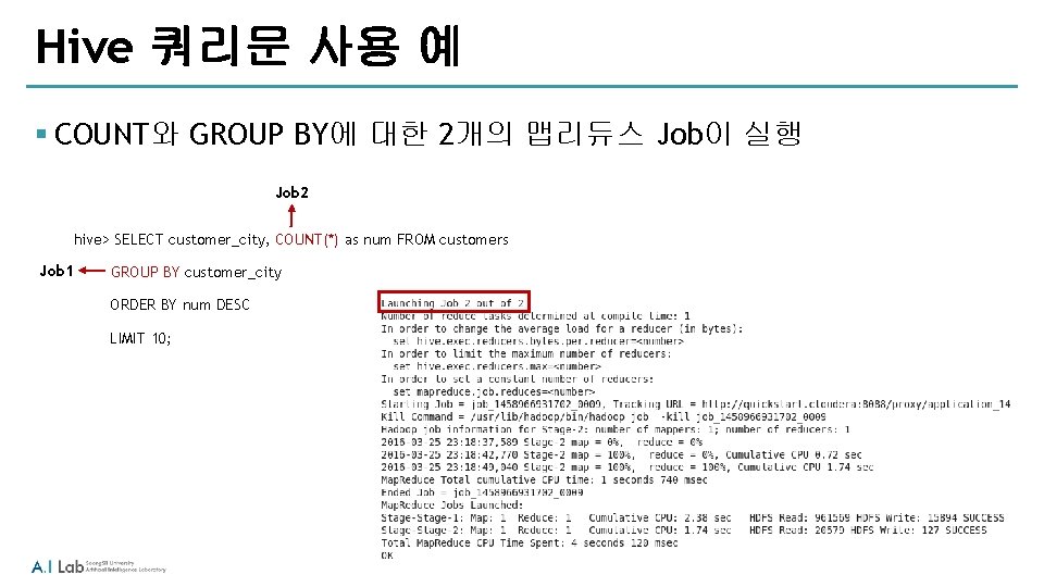 Hive 쿼리문 사용 예 § COUNT와 GROUP BY에 대한 2개의 맵리듀스 Job이 실행 Job Hive 쿼리문 사용 예 § COUNT와 GROUP BY에 대한 2개의 맵리듀스 Job이 실행 Job