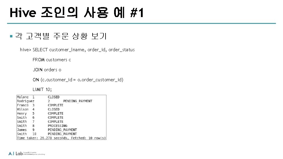Hive 조인의 사용 예 #1 § 각 고객별 주문 상황 보기 hive> SELECT customer_lname, Hive 조인의 사용 예 #1 § 각 고객별 주문 상황 보기 hive> SELECT customer_lname,