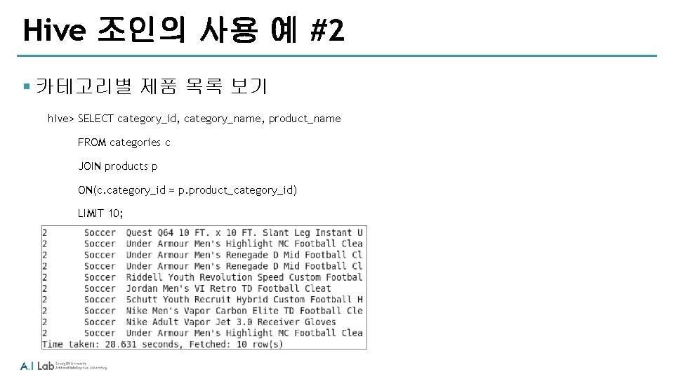 Hive 조인의 사용 예 #2 § 카테고리별 제품 목록 보기 hive> SELECT category_id, category_name, Hive 조인의 사용 예 #2 § 카테고리별 제품 목록 보기 hive> SELECT category_id, category_name,