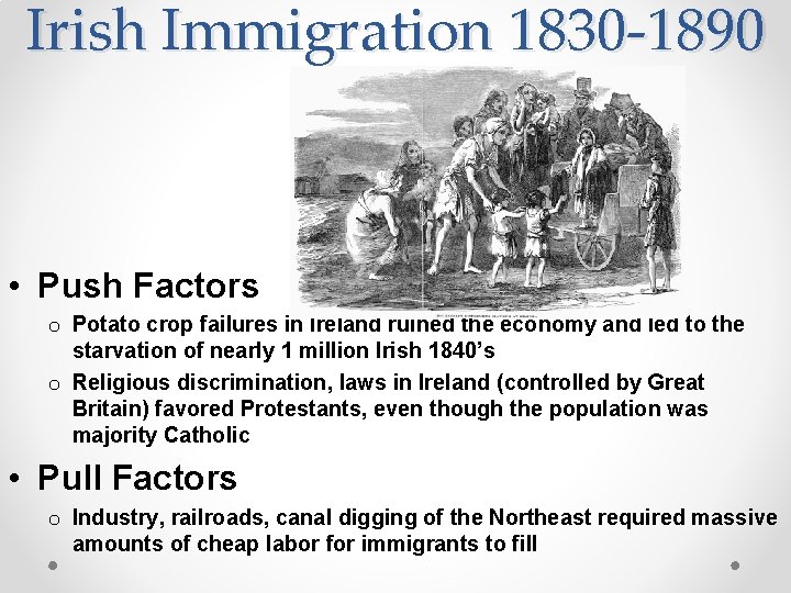 Irish Immigration 1830 -1890 • Push Factors o Potato crop failures in Ireland ruined