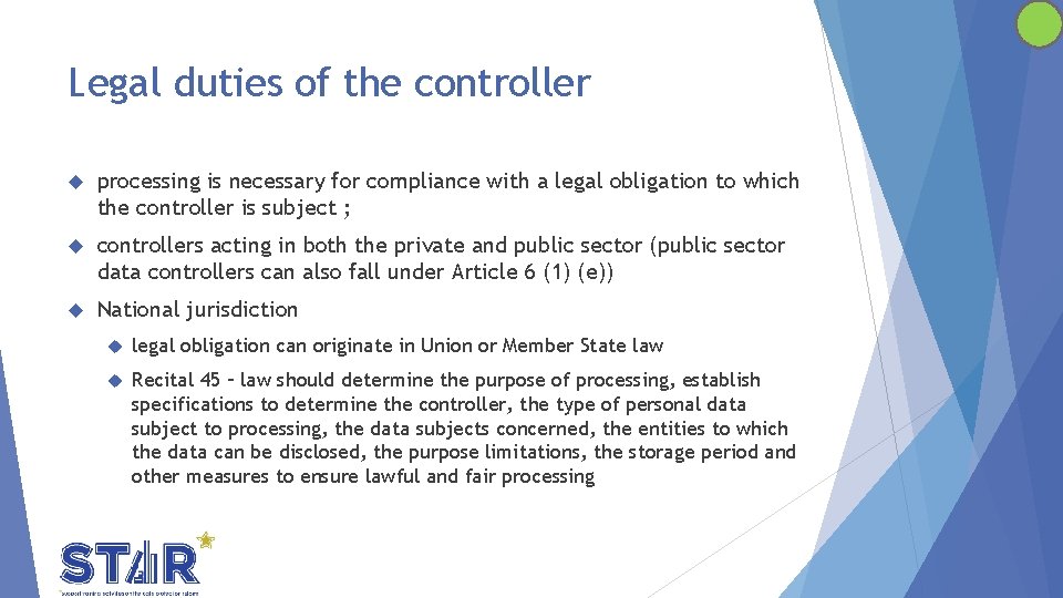 Legal duties of the controller processing is necessary for compliance with a legal obligation